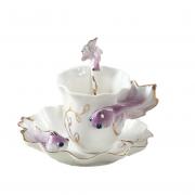 ZaH 3D Coffee Mugs Ceramic Mug Milk Teacup Afternoon Tea Cup and Saucer Set with Spoon for Wedding Office Home Decoration Gift (Purple)